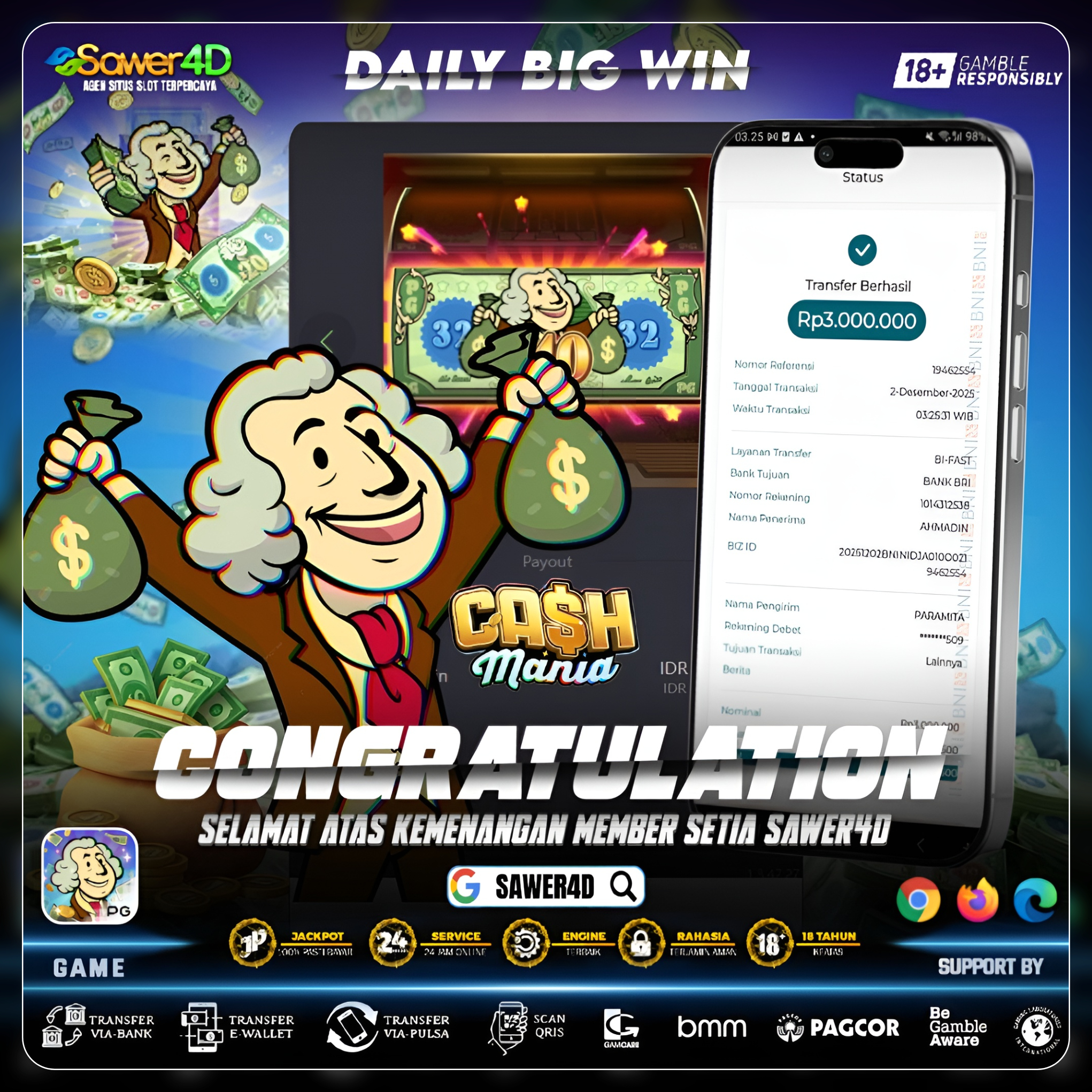 “Hari ini Cash Mania lagi royal! Sekali kena, langsung pecah cuan! 💥💸⚡”
