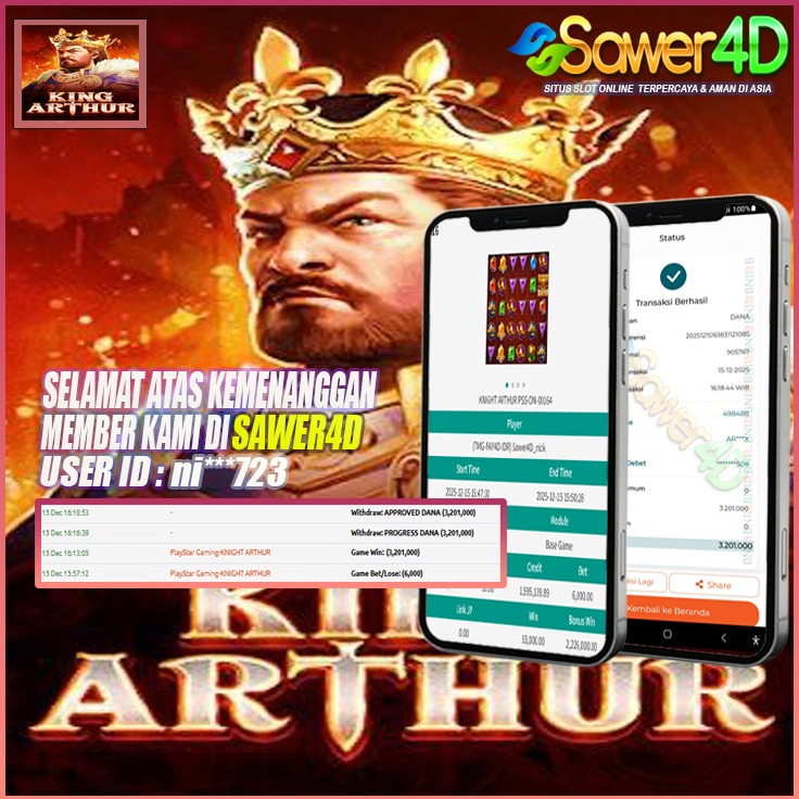 Selamat atas kemenangan epik di permainan King Arthur bosku! Pedangnya turun, bonus nyala, cuan langsung ngacir! Mantap jiwa boskuu!