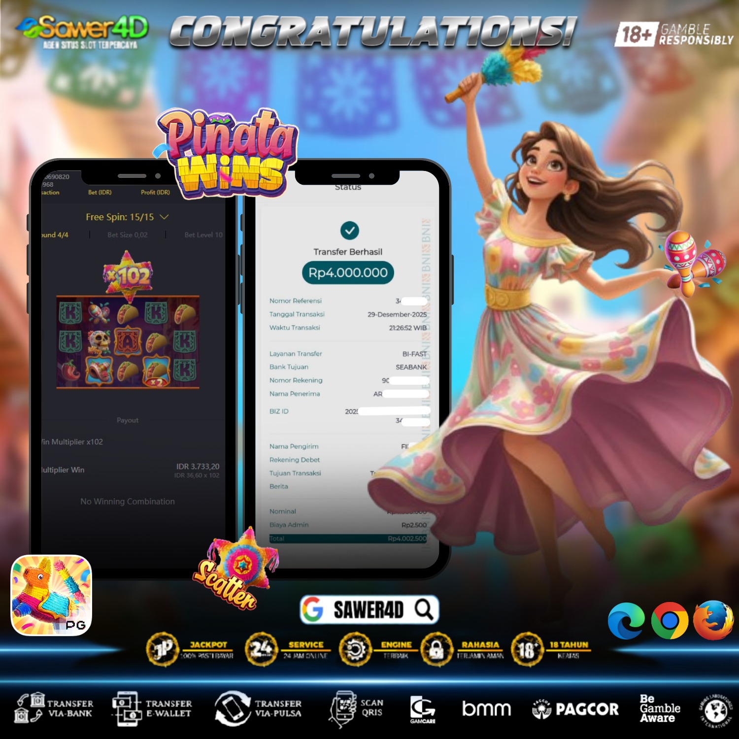 Selamat atas kemenangan di permainan Pinata Wins. Hasil hari ini benar-benar memuaskan