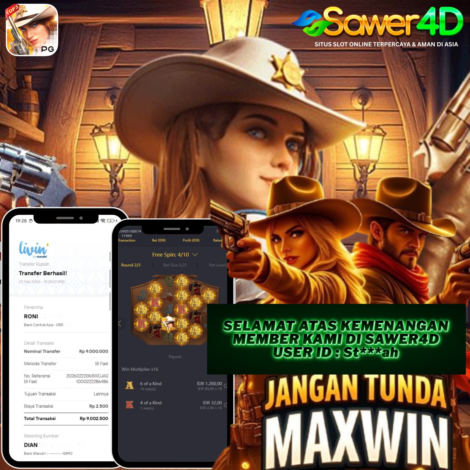 🤠 Duel panas di Wild West Showdown! Wild muncul beruntun, kombinasi nempel terus 💸 Sekali putar langsung bikin senyum lebar 🔥😎