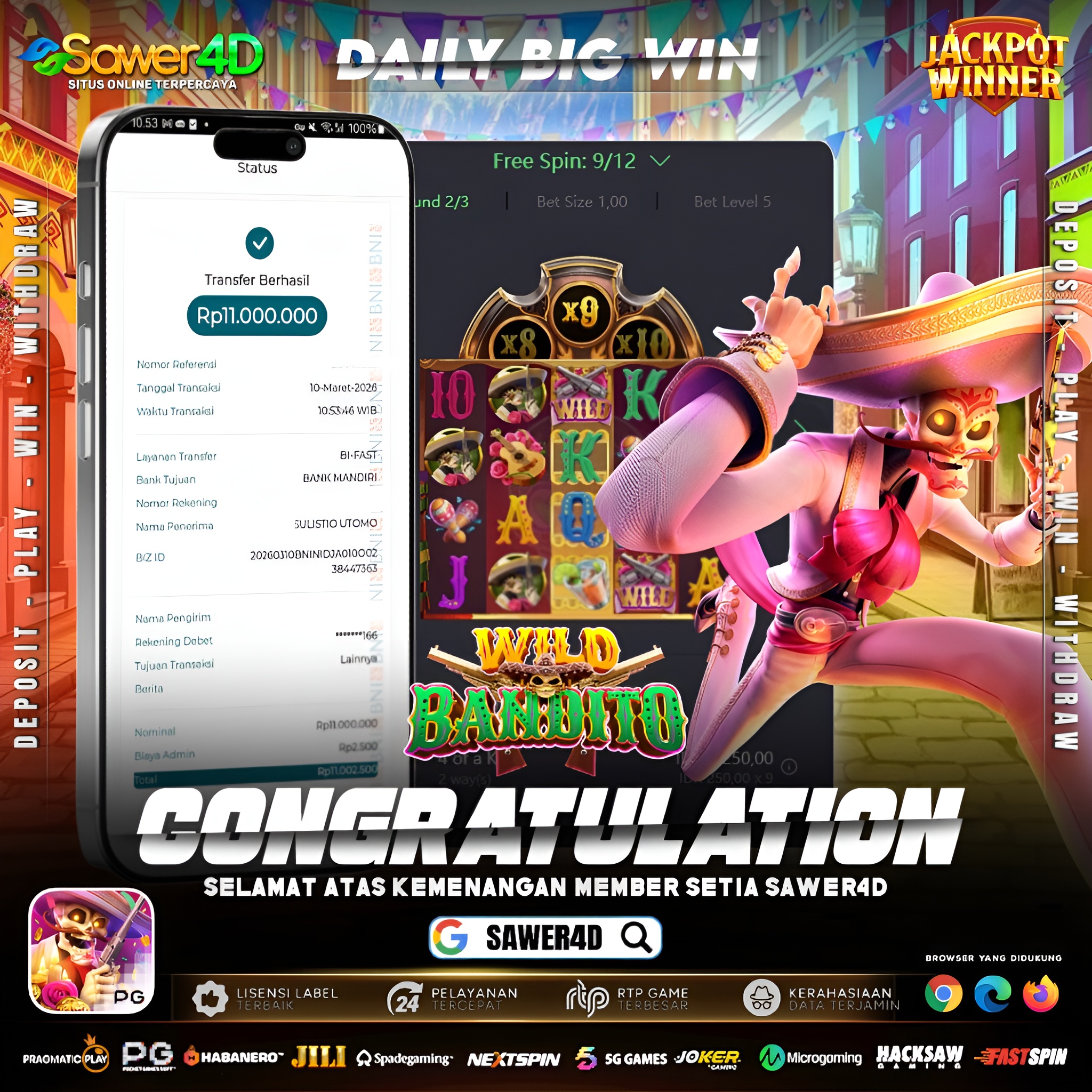 Bandito datang bawa keberuntungan! 💰🤠 Sekali spin langsung diserbu wild dan kemenangan besar pun datang!