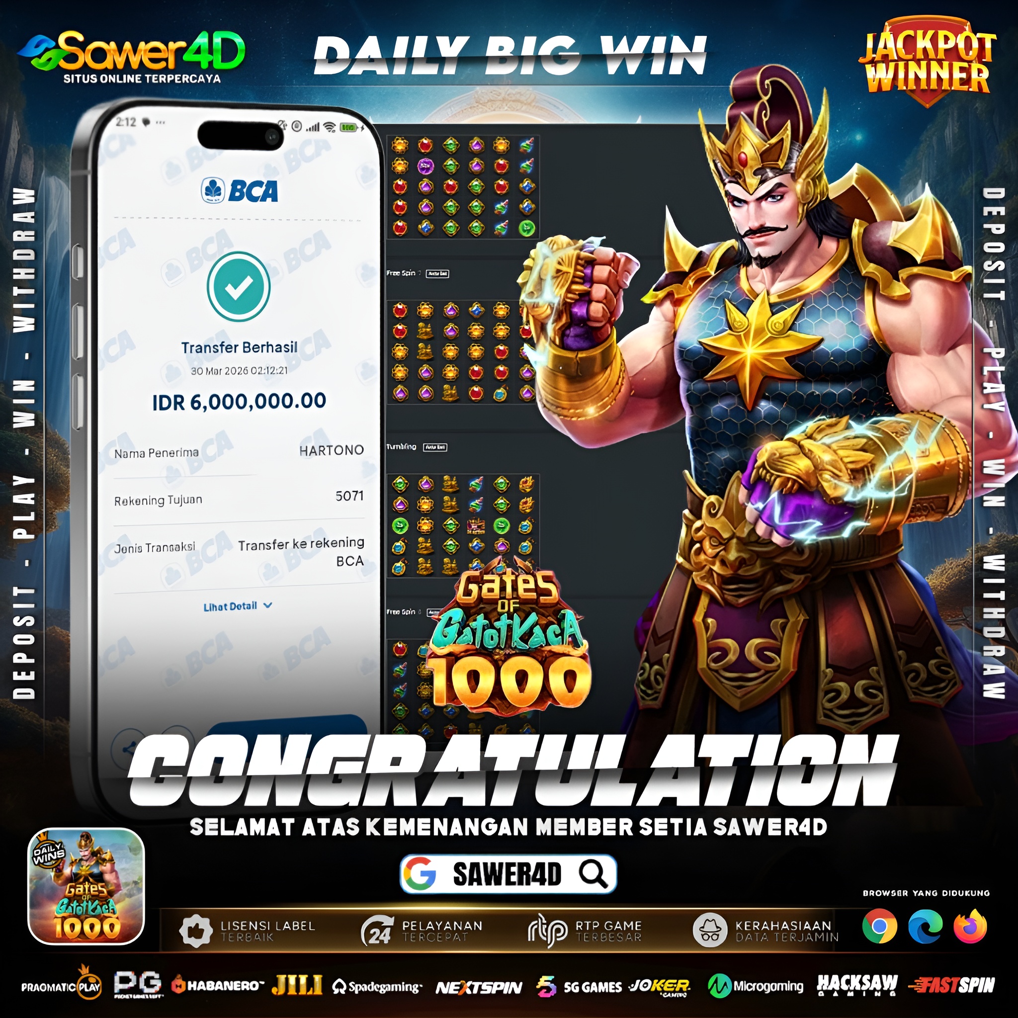 Main santai, hasil mantap 😍 6 juta mendarat manis dari Gates of Gatot Kaca 1000 🤑