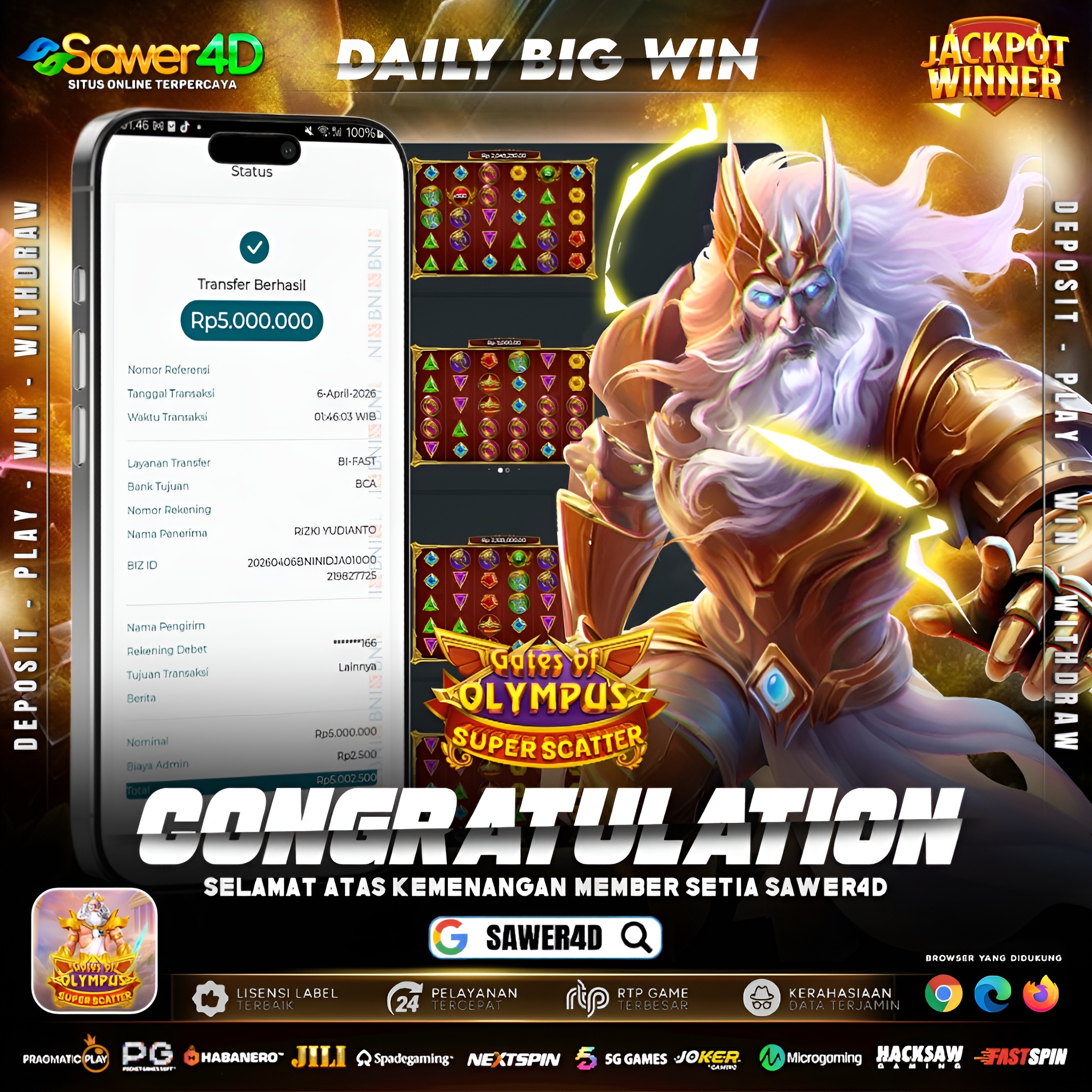 Super Scatter turun tanpa aba-aba! ⚡ Masuk free spin langsung dihujani petir Zeus 🔥 Dan BOOM! JP 5 juta langsung cair 💸