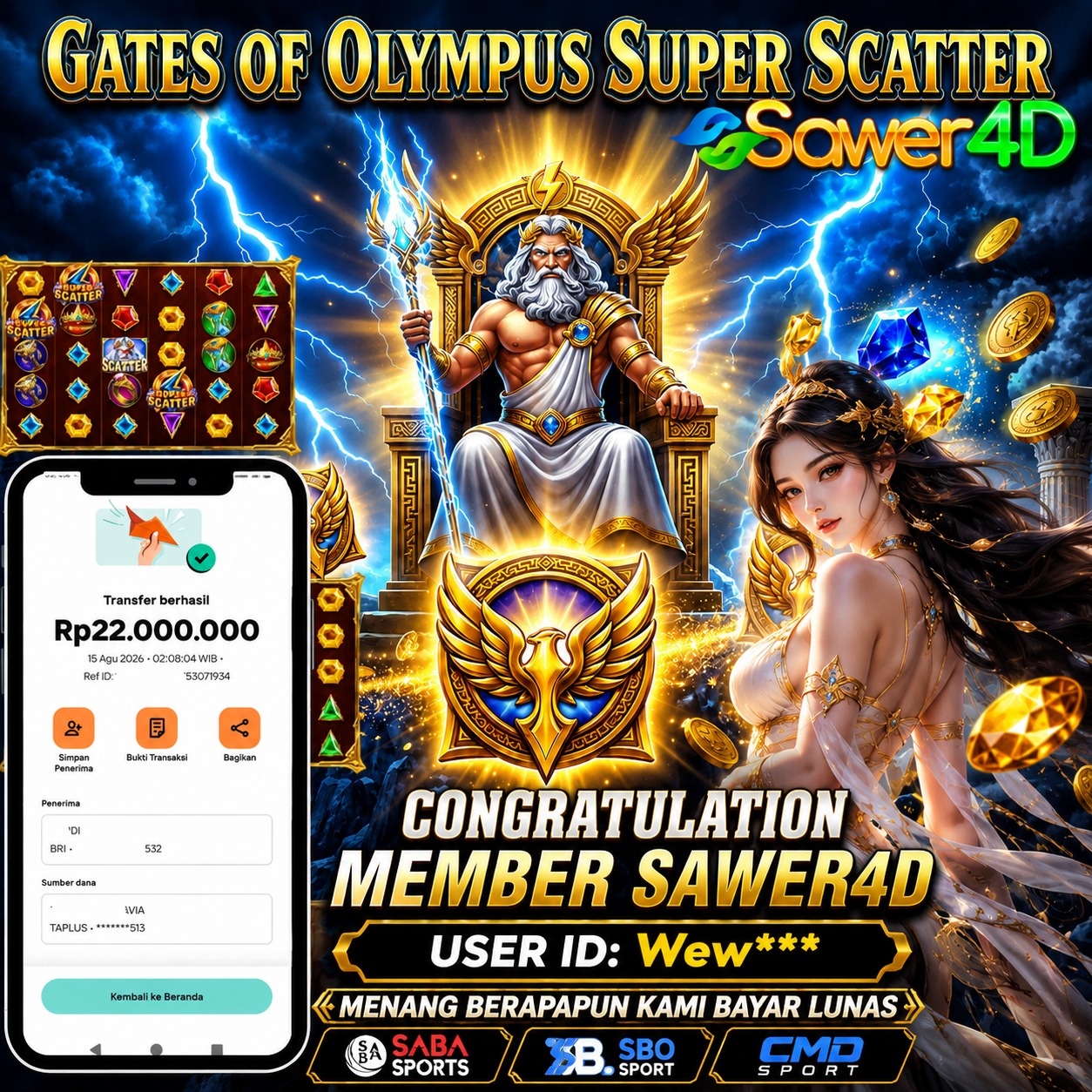 ⚡ Zeus membawa kabar baik hari ini! Selamat atas kemenangan di Gates of Olympus!