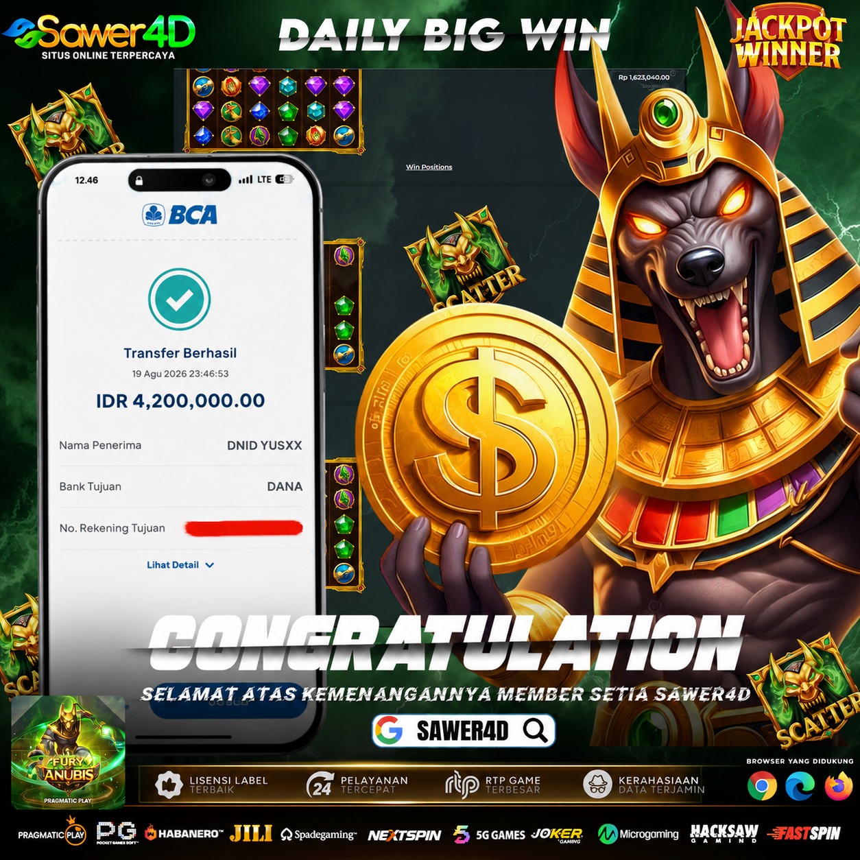 🎉 Selamat atas kemenangan Fury Anubis-nya! Semoga hoki terus dan hasil berikutnya makin mantap! 🚀✨