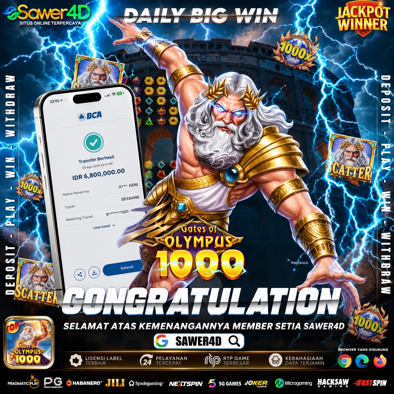 🎉 Congrats atas kemenangannya! Sekali lagi buktiin kalau hoki bisa datang kapan aja. Semoga keberuntungan terus menyertai dan hasil berikutnya makin spektakuler! ✨⚡