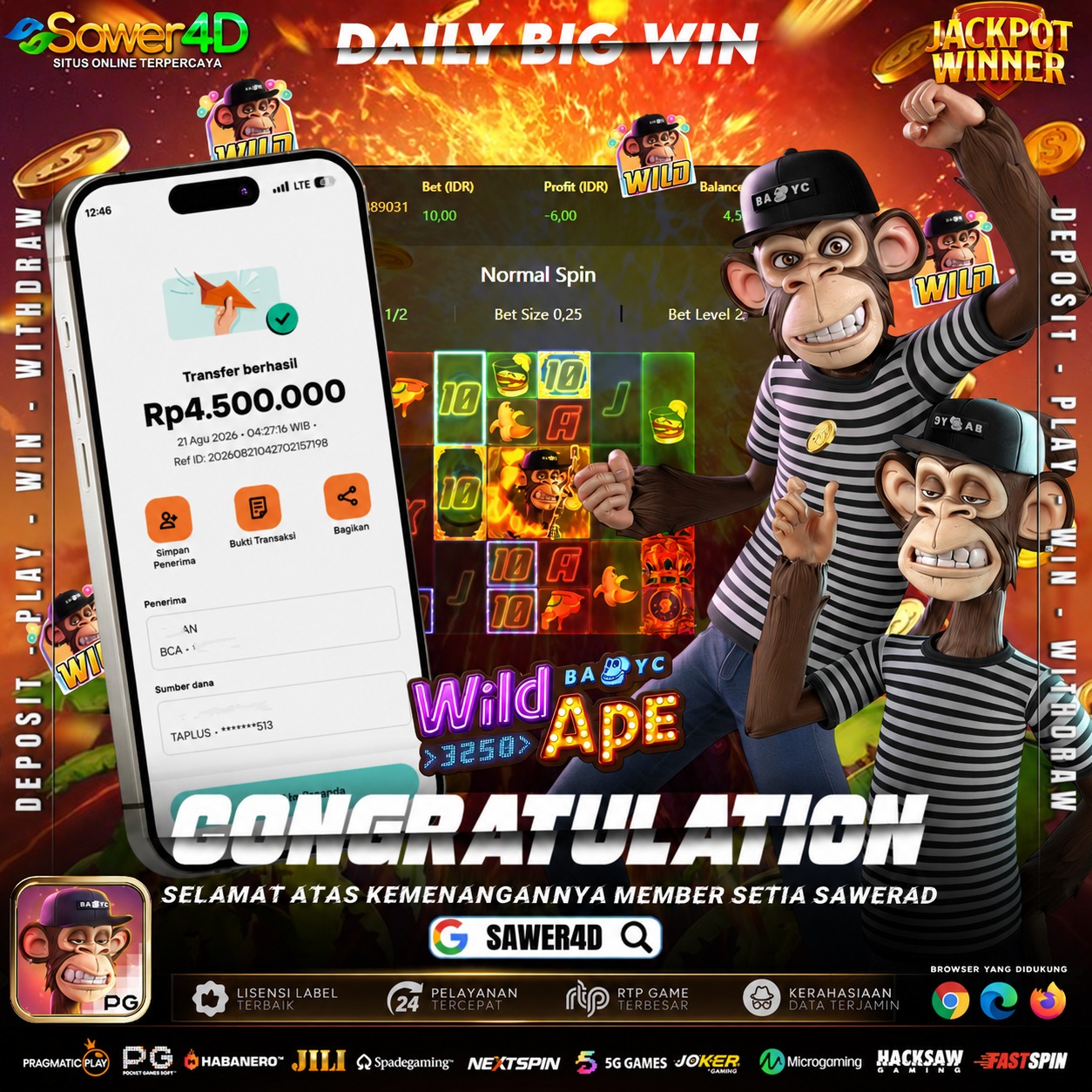🎉 Selamat atas kemenangan Wild Ape! Hoki lagi berpihak, semoga kejutan berikutnya makin seru dan hasilnya makin mantap! 🚀🔥