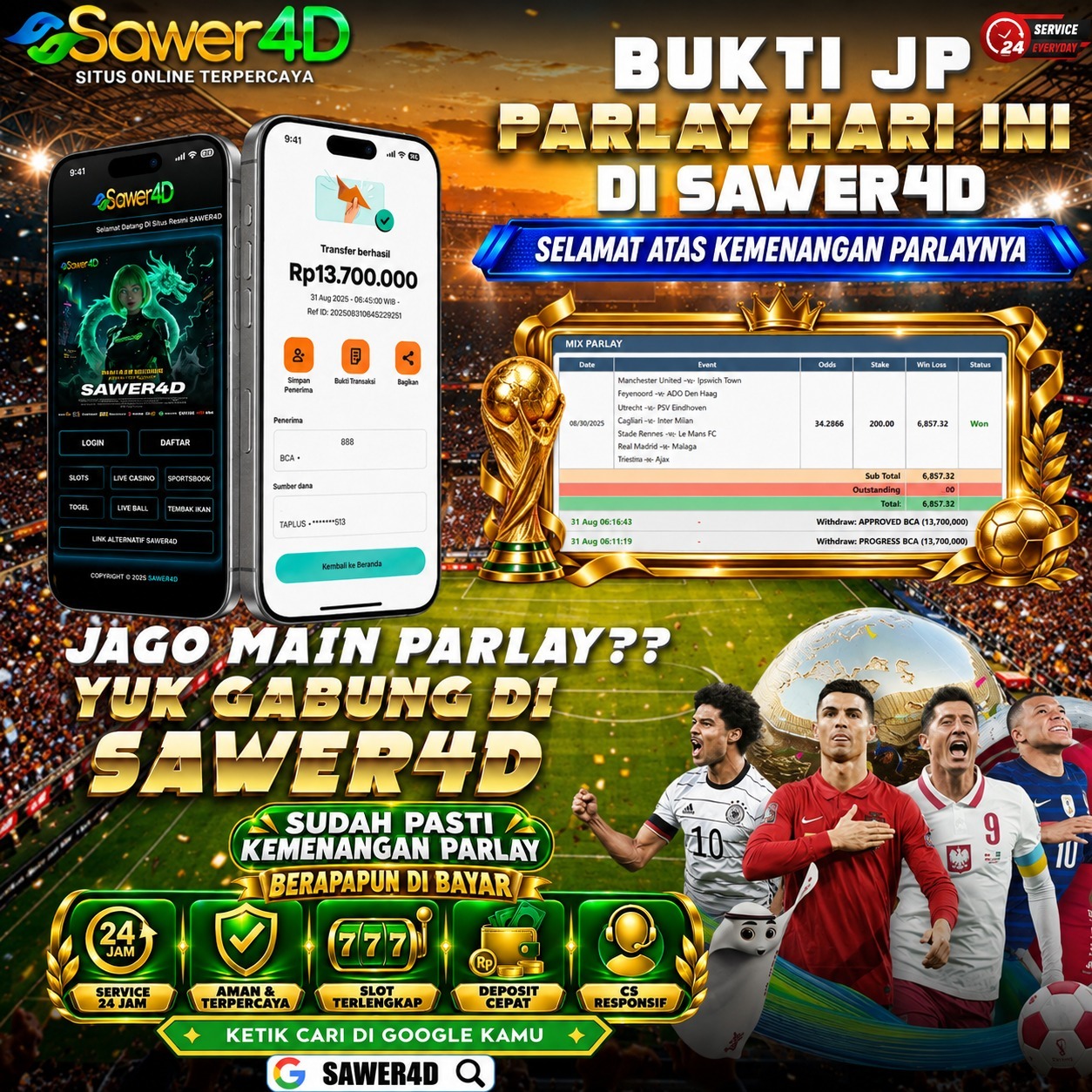 🏆 **SELAMAT ATAS KEMENANGANNYA!** 🎉 Hasil parlay kali ini berhasil sesuai harapan! 🔥👏 Nikmati momennya dan tetap bermain secara bijak. ✨