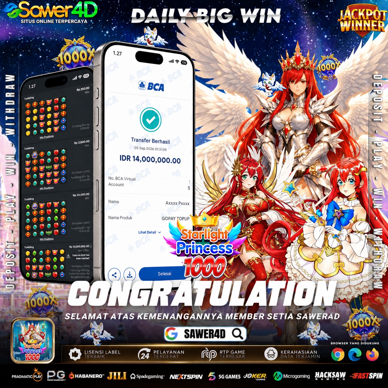 🌟 SELAMAT ATAS HASIL KEMENANGANNYA DI STARLIGHT PRINCESS! 🎉🏆 Momen yang keren banget, hasilnya bikin senyum! ✨🔥